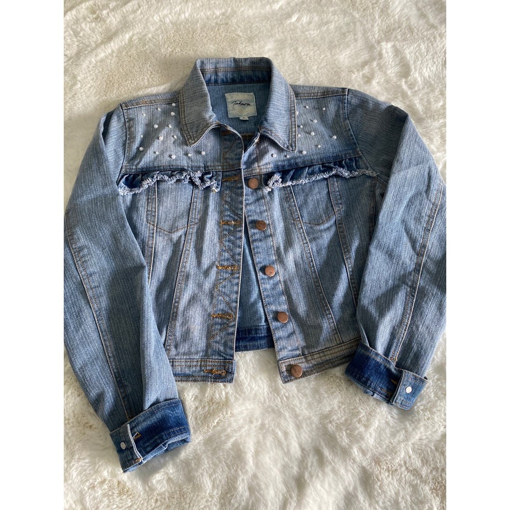 Takara Womens Light Wash Pearl Embellished Ruffle Cropped Denim Jacket S Cowgirl
